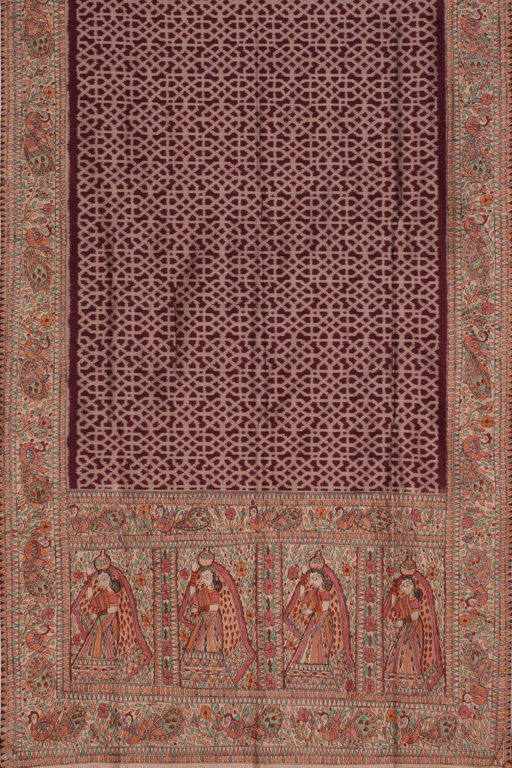 Image of Madhubani Painted Maroon Saree